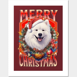 Merry Christmas cute Samoyed dog in Santa hat Posters and Art